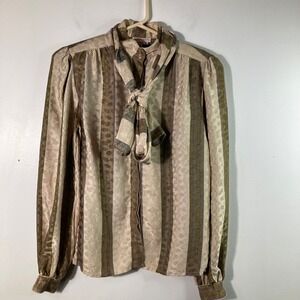 Vintage Betty Hanson 100% Silk Striped Bow Blouse Button Long Sleeve Tan Brown 8